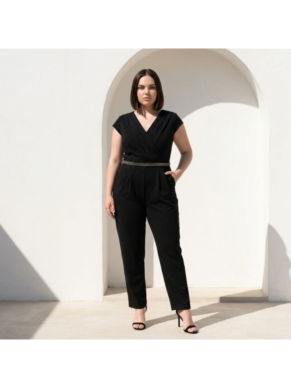 Lane Bryant Black Beaded Waist Surplice Jumpsuit Size 14 NWT